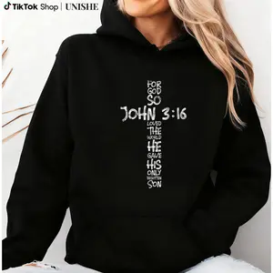 100% Casual T John 3:16 Hoodie – Christian Cross Long Sleeve Bible Verse Gift