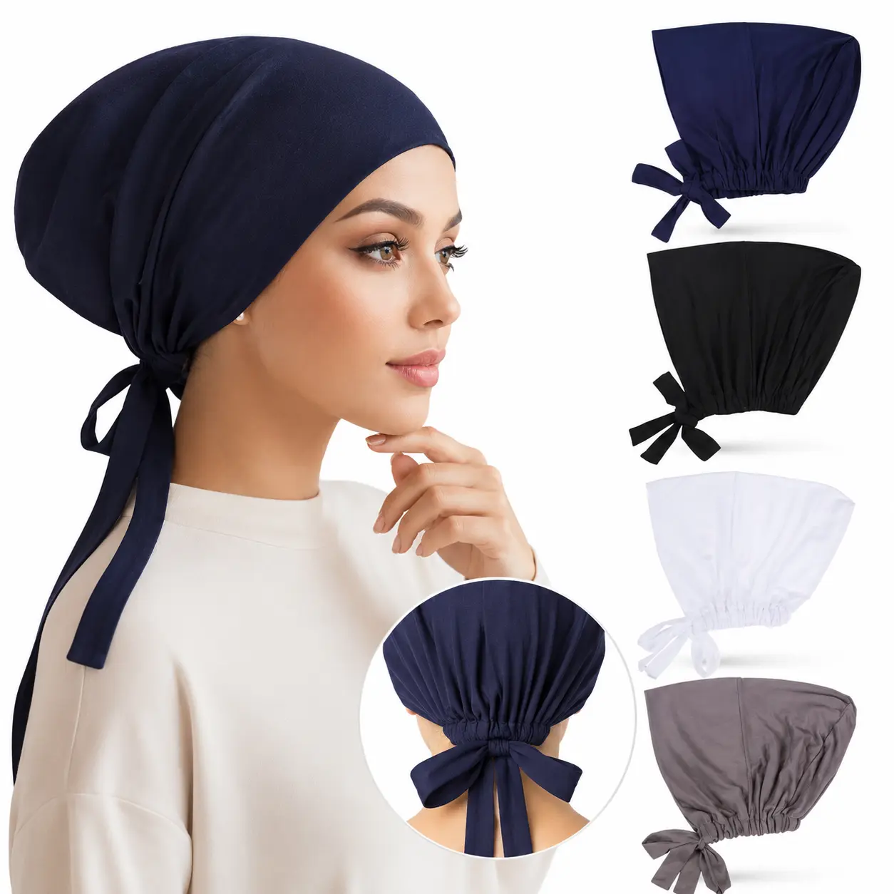 4-Piece Cotton Hijab Undercap Set for Women Who Wear Hijabs Daily, Soft Breathable Fabric with an Adjustable Tie-Back & Seamless Fit, Prayer, Casual, 4-Piece Set, Headscarf Head Scarves, Multi-Wear Head Scarves, Scarf Hair Wrap Head Scarves
