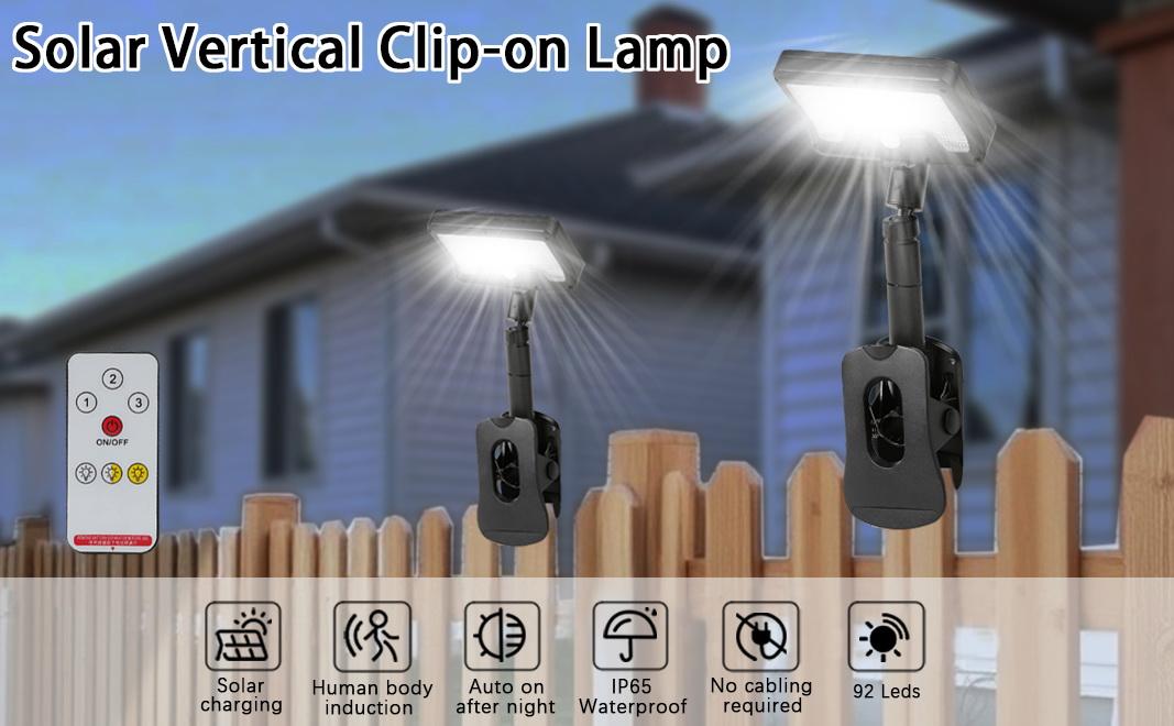 EISSLOLY Clip-on solar outdoor light,available in warm,white,and natural light colors,includes remote control and motion sensor,92 LED beads, portable solar fence light,outdoor solar street light,suitable for outdoor use,courtyard,garden,fence and camping