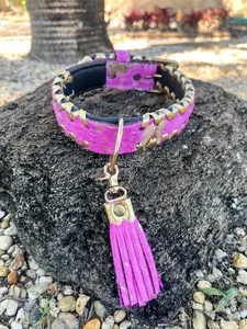 Hand Dyed Pink and Gold Hair on Cowhide Leather Dog Collar with Tassel, Size Small 13”-16”, Pink and Gold Speckled Design