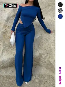 Women's Solid Color Fitted Two-Piece Set, Asymmetric Top and High Waist Bell Flared Pants, Minimalist Casual Fashion, Stylish, Aesthetic and Comfortable Outfit