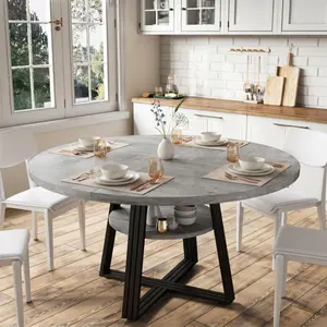 47 Inch Round Dining Table - Farmhouse Pedestal Table for 4-6 with Storage Shelf, Space-Saving Design & Wood Base