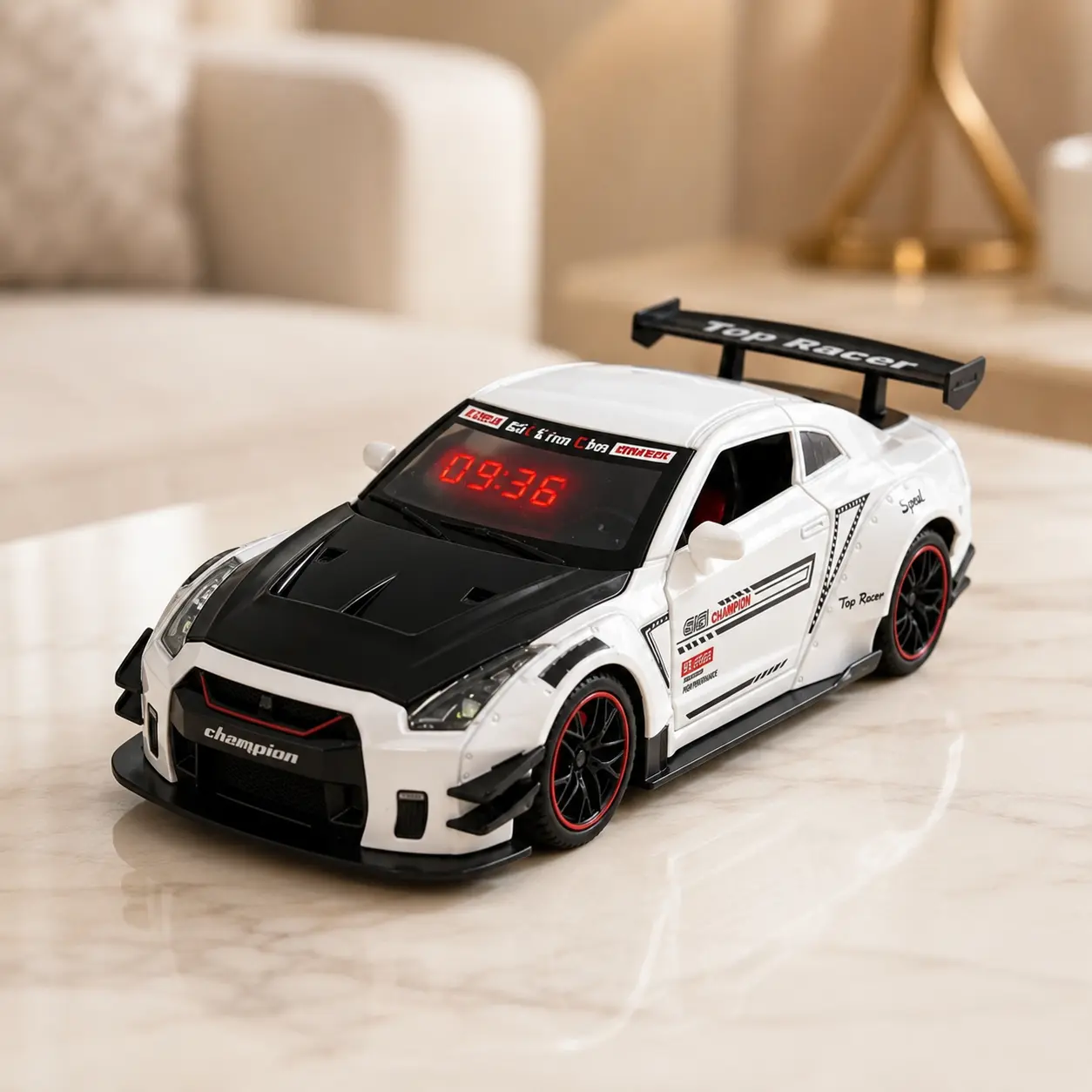Halloween Party Die-Cast Alloy Racing Car Digital Alarm Clock - Battery Desktop Clock for Bedrooms, Gaming Room Decor, Men; Supercar Design with LED Display, Exhaust Mist Spray, Engine Sound, Rear Wing Spray, Racing Key Control (Gift for Car Fans), Batter