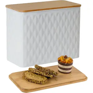 Extra Large Bread Box for Kitchen Countertop Corner Breadbox for Homemade Bread Metal White Diamond Pattern Embossed Storage Container Bin with Bamboo Lid Fits 2 Loaves of Bread
