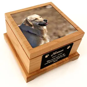 Custom Wooden Pet Cremation Urn with Glossy Ceramic Photo Tile Name Plate