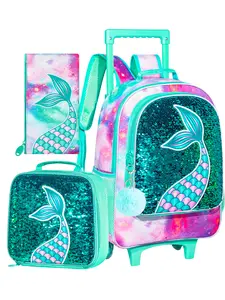 Girls Rolling Backpack, Kids Wheels Bookbag - Roller Elementary Sequin School Bag - 3PCS Unicorn Mermaid Green