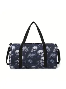 Skull pattern printed large capacity travel duffel bag, portable storage bag