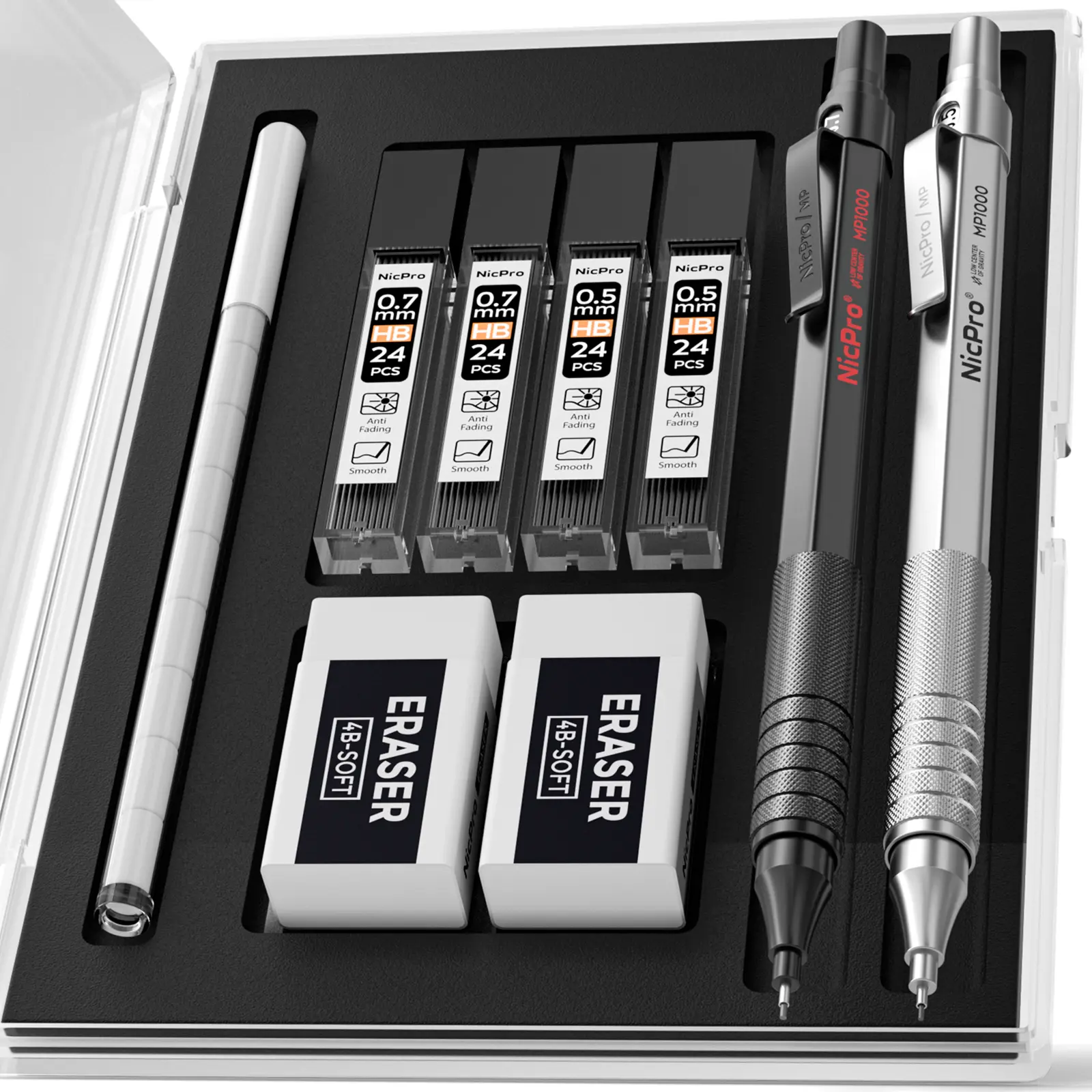 Nicpro Compact Metal Mechanical Drawing Pencil Set - Full-Metal Body Multi-Item Pencils, 8 Tubes HB & 2B Lead Refills, Erasers, Eraser Refills, Office Accessories, College & School Supplies Assortment Kit for Art, Drafting