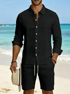 American Summer Men's Linen Loose Fit Casual Commute Vacation Set, Long Sleeve Shirt and Cargo Shorts, Comfortable and Stylish