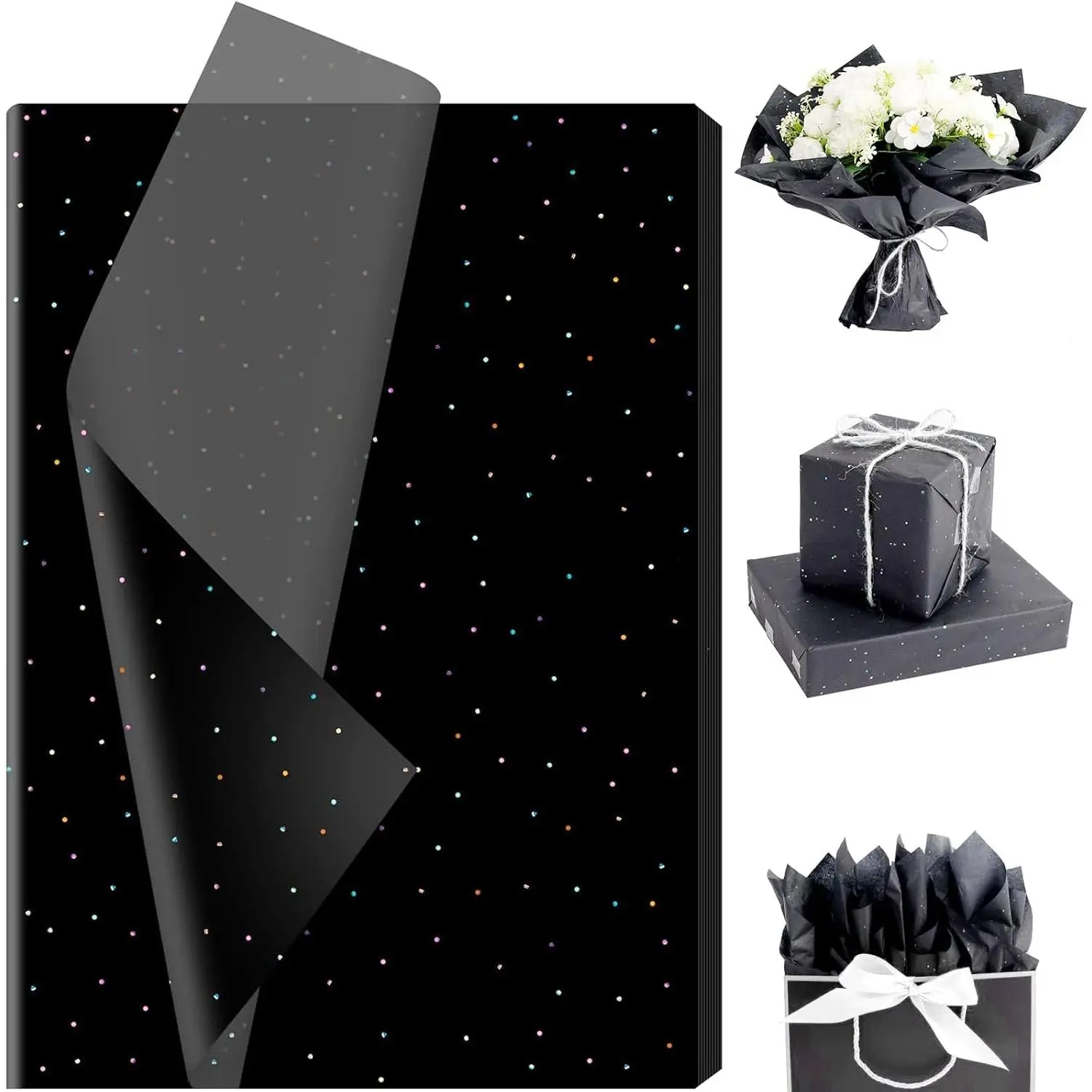120 Sheets Glitter Sparkle  Tissue Paper Bulk, Black Sparkle Wrapping Paper for Christmas Winter Art Crafts Birthday Wedding  Shower Party Supplies, 13.8 x 19.7 Inch