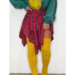 Women’s plaid print knot-front skirt with an asymmetrical hem, knee-length—fashionable and casual, suitable for everyday outdoor wear; women’s underwear/garmentary
