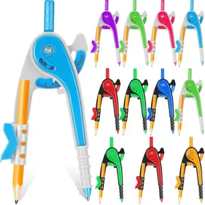 Student Math Geometry Compass Bulk 6 Inch Plastic Drawing Compass with Pencils Bright Color Precision Tool Back to School Supplies 12 Pcs