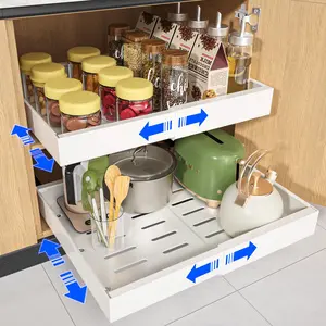 Pull Out Cabinet Organizer 1 Pack Expandable(12.6"-21") Slide Out Drawers No Screw 16.9'' Deep Adjustable Roll Out Drawers Kitchen Cabinets Organizer And Storage For Kitchen Cabinet Pantry(White)