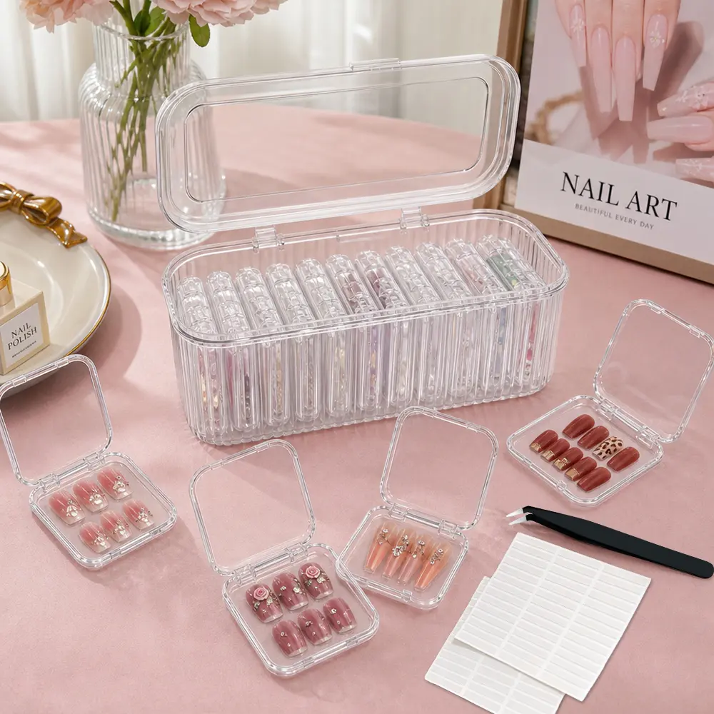 18pcs Clear Press on Nail Storage Boxes and 1 Large Container Box, 2 Sheet Adhesive Tape, with 1 Tweezers Fake Nail Organizer Display Case Press on Nail Packaging for Home Nail Salon Use