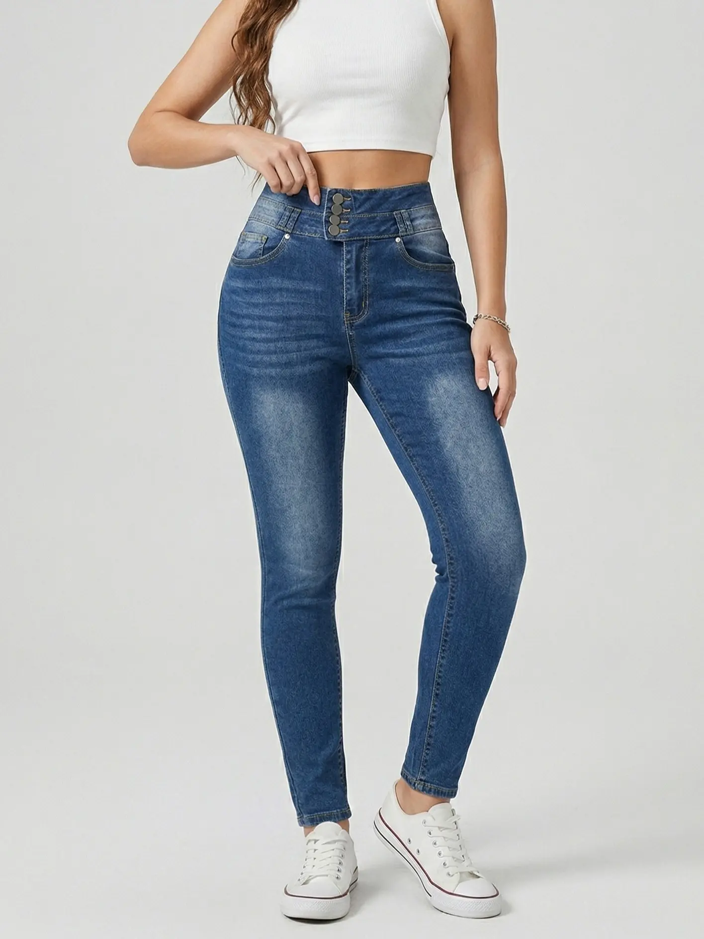 Women's 4-Button High Waisted Skinny Jeans - Soft Stretchy Denim Bottoms with Tummy Control, Butt Lifting Effect, Comfortable Fit, and Flattering Leg Shape, Trouser, Pants, Adjustable, Fabric, Slim, Office, Skinnies, Stretchy Slim, Slimming, Stretch Denim