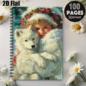 1pc Christmas Themed Spiral Notebook, 5.7x8.26 Inch, Cute Girl and Puppy Design, Premium Lined Pages, Durable Coil Binding, Perfect for Holiday Journaling, Winter Memories Recording, Xmas Gift for Kids and Stationery Lovers [2D] Flat