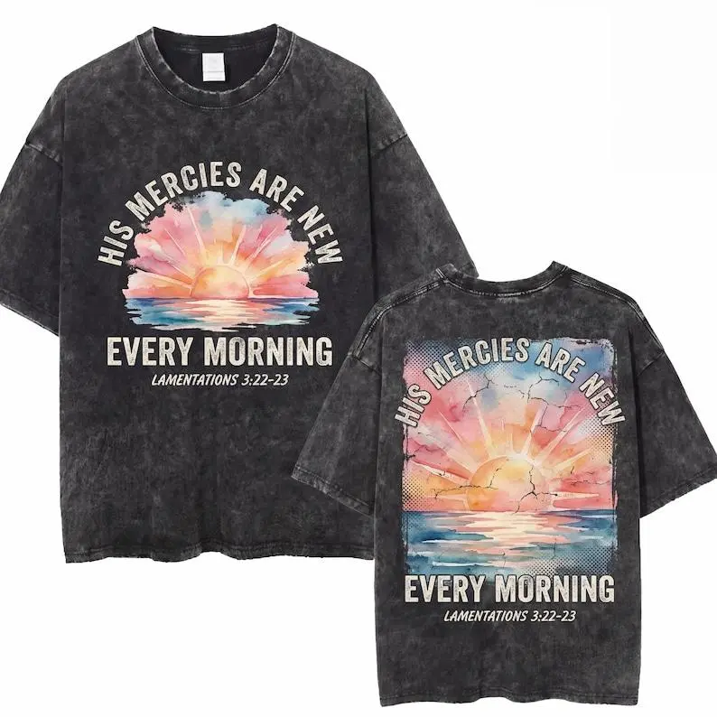Men's Playful Vintage Distressed Top, Casual Menswear with Christian "His Mercies Are New Every Morning" Watercolor Sunrise Graphic, T-Shirt, Festive, All Seasons