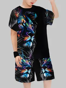 Boys' Bottom Fluorescent Lion Wild Bold Short Sleeve Set, Casual Fitted Crop Top, Cartoon Pattern, No Ca Prop 65