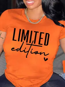 Women's Letter Print Round Neck Tee, Fashion Casual Streetwear Crew Neck Short Sleeve Fitted T-shirt, Casual Fashionable Top for Daily Holiday Vacation Outdoor Wear, Ladies Clothes for Summer