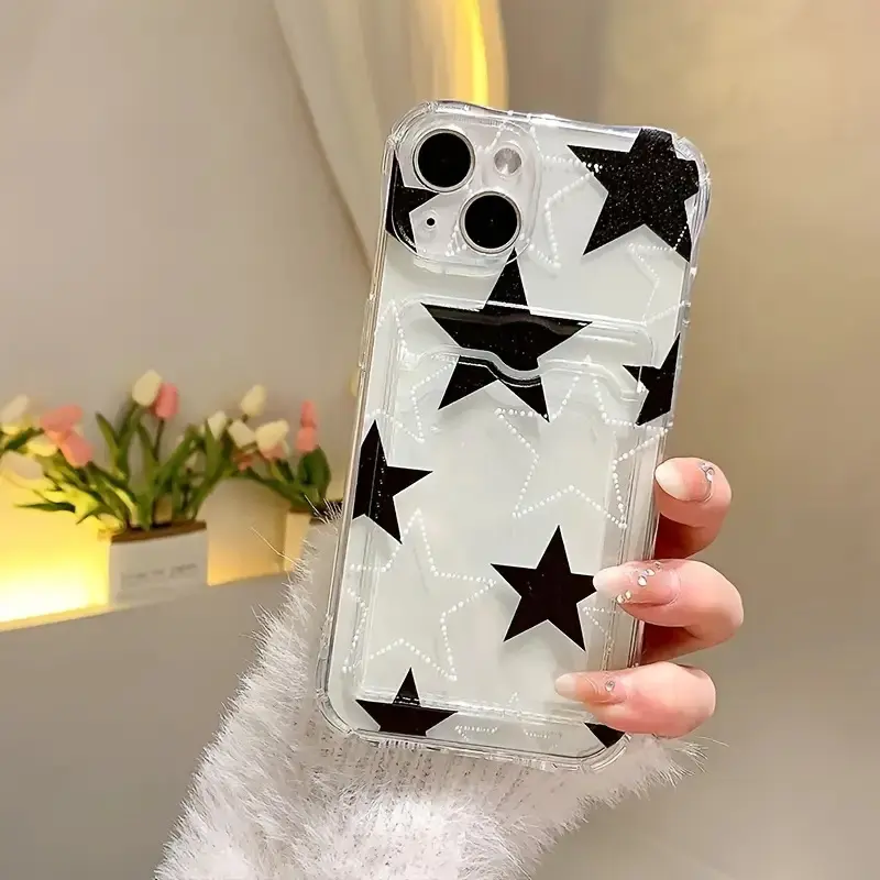 Transparent Black Star Pattern Shockproof Smartphone Casing with Card Holder - Handheld Devices Protection, Mobile Phone Accessories for iPhone 17 Air/16 Plus/15 Pro Max/14 Pro/13/12/11/XS Max/X, Holiday Gift Option (SJKB04)