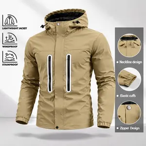 Men’s casual outdoor hooded jacket in khaki tones, featuring two front zip pockets with white trim and an adjustable hood, suitable for weekend outings, city walks, and all-day comfort wear.