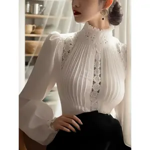 Elegant White Lace-Trimmed Turtleneck Blouse for Women - Chic Pleated Bubble Sleeve Design, Perfect Surprise Gift for Girlfriend