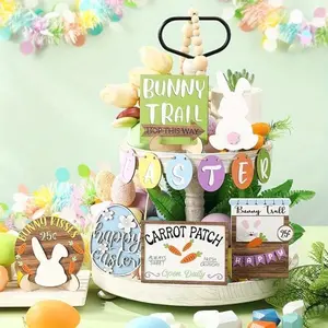 Easter Decor Wooden Tiered Tray Signs, 1 Set Happy Easter Tiered Tray Items,  Desktop Decorations for   Home Farmhouse Rustic Kitchen