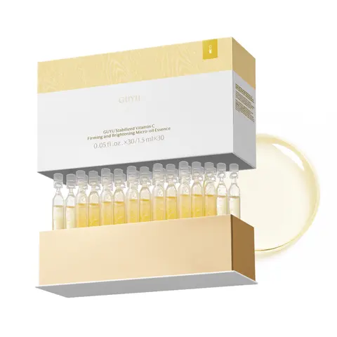 GUYU Stabilized Vitamin C Brightening Firming Soothing Micro-Oil Essence - 30 Single-Dose Ampoules, 28-Day Anti-Aging Serum with 7 Botanical Oils for Dull Skin, Hyperpigmentation, Skin Repair, Barrier Repair, Hydration