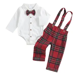 Newborn Baby Boy Christmas Gentleman Outfits Long Sleeve Bow Tie Romper Plaid Suspender Pants 3Pcs Fall Winter Sets