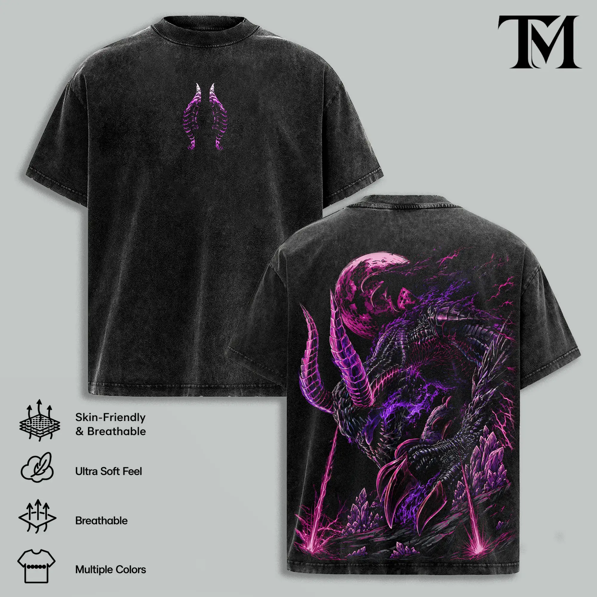 Monster Hunter Gore Magala Heavy Metal Vintage Washed Oversized T-Shirt | Purple Neon Graphic Tee | Faded Grunge Streetwear