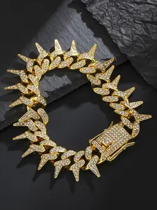 Hiphop Punk Full Drill Comb Shape Cuban Chain Bracelet Set, Silver Color Spiked Miami Cuban Link Hip Hop Jewelry