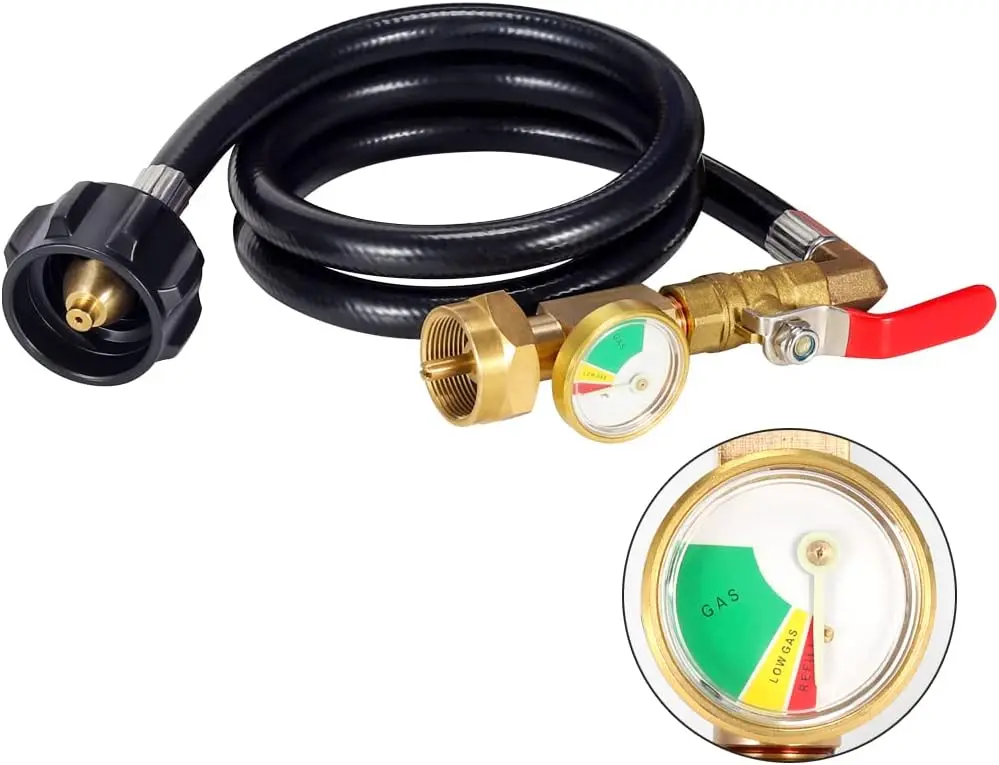 36" Propane Refill Adapter Hose with Pressure Gauge – 350PSI High Pressure Connector for 1LB Tanks, Camping Grills, QCC/Type 1 Inlet, ON/OFF Control
