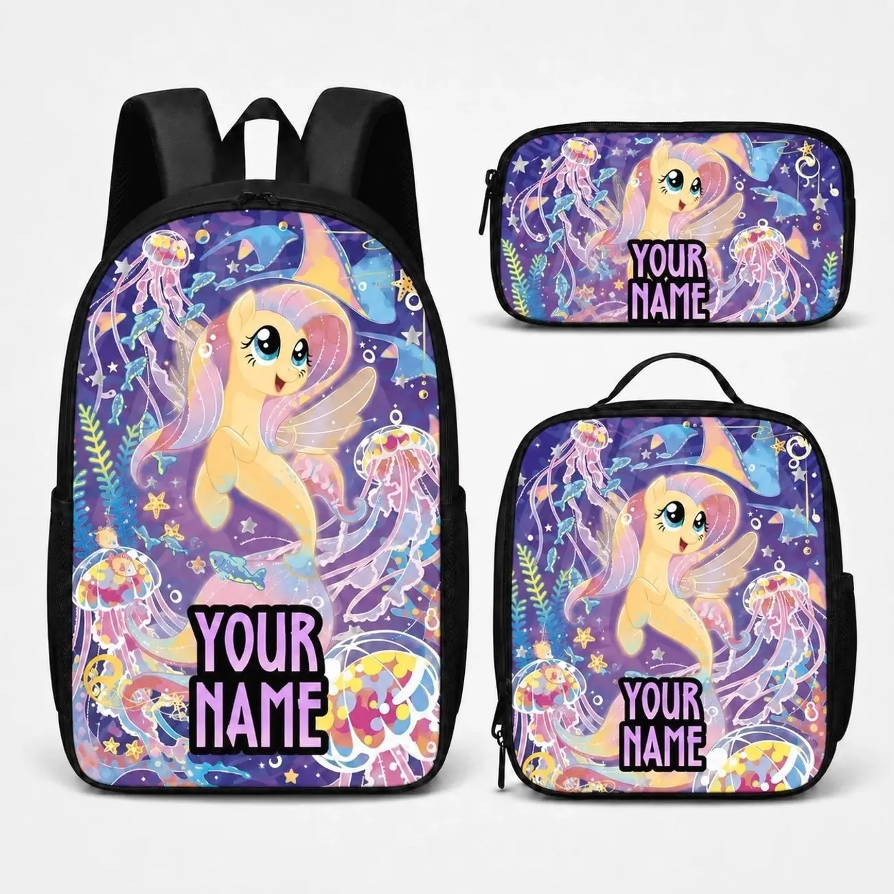 Custom Name Magical Rainbow Pony Student Backpack Set | 3Pcs Schoolbag Insulated Lunch Bag Pencil Case | Personalized Back to School Gift for Girls