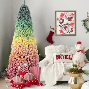 7.5ft Rainbow Gradient Flocked PVC Christmas Tree with 1927 Tips, Colorful Full-Bodied Artificial Pine with Snowy Finish, Hinged Design and Sturdy Metal Stand for Holiday Decoration