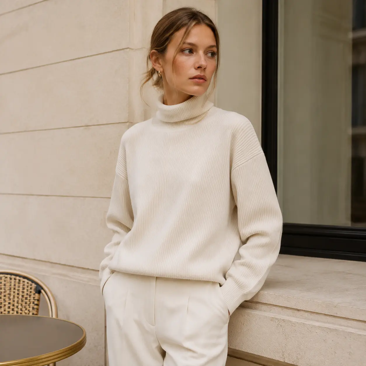 Women's Ribbed Turtleneck Long-Sleeve Knit Top - Solid Color, Slim-Fit, Soft Stretch, Chic, Minimalist Style Essential for Fall Winter Everyday Office Outfits
