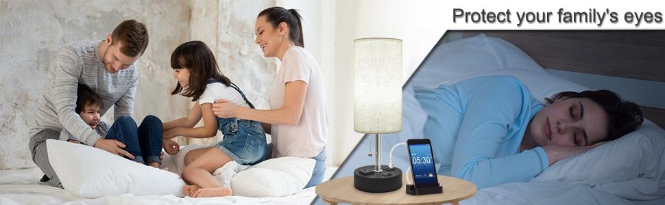 Sailstar Table Lamp for Bedroom, USB Bedside Lamp Nautral Daylight Modern Nightstand lamp with USB Port to Recharging, AC Outlets Fabric Linen Shade,LED Bulb Included Perfect for Living Room, Bedroom