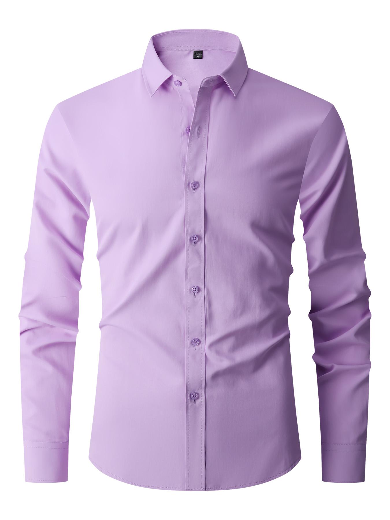 Men's Slim Fit Solid Dress Shirt, Wrinkle-Free Smooth Cotton Blend Fabric, Long Sleeve Button Down Top for Business & Formal Suit Wear, Formal Wear, Tops, Classic, Polyester, Longsleeves, Elegant, Wash Free, Business Wear