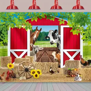 2D Flat, Rustic Farmhouse Backdrop with Red Barn, Farm Animals & Spring Grass Scene - Polyester Fabric Pastoral Wall Decoration with Cows, Horses, Sheep, Chickens, Ducks, Turkeys, Hay Bales & Sunflowers - Vibrant Colors for Birthday Party Decor