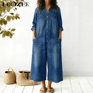 UOOZEE Women's 2026 New Spring-Summer Cotton Long-Sleeve Collared Denim Jumpsuit - Oversized Lapel, Buttoned, Wide-Leg, Loose-Fit, Pockets, Beach-Style Casual Coveralls for Spring Brunch, Smart-Casual Events