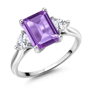 Gem Stone King 2-4 Cttw Gemstone Birthstone & White Moissanite 3-Stone Engagement Ring for Women | 10K White Gold | Emerald Cut 9X7MM Trillion 4MM | Gold Ring For Women