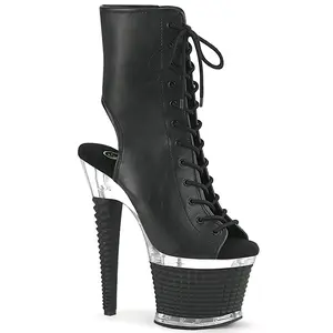 Black Textured Platform Open Toe/Heel Ankle Boot, Side Zip