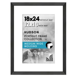 Americanflat 18x24 Poster Frame with Polished Plexiglass, Use as 12x18 Frame with Mat or 18x24 Frame Without Mat, Hudson Collection, Black
