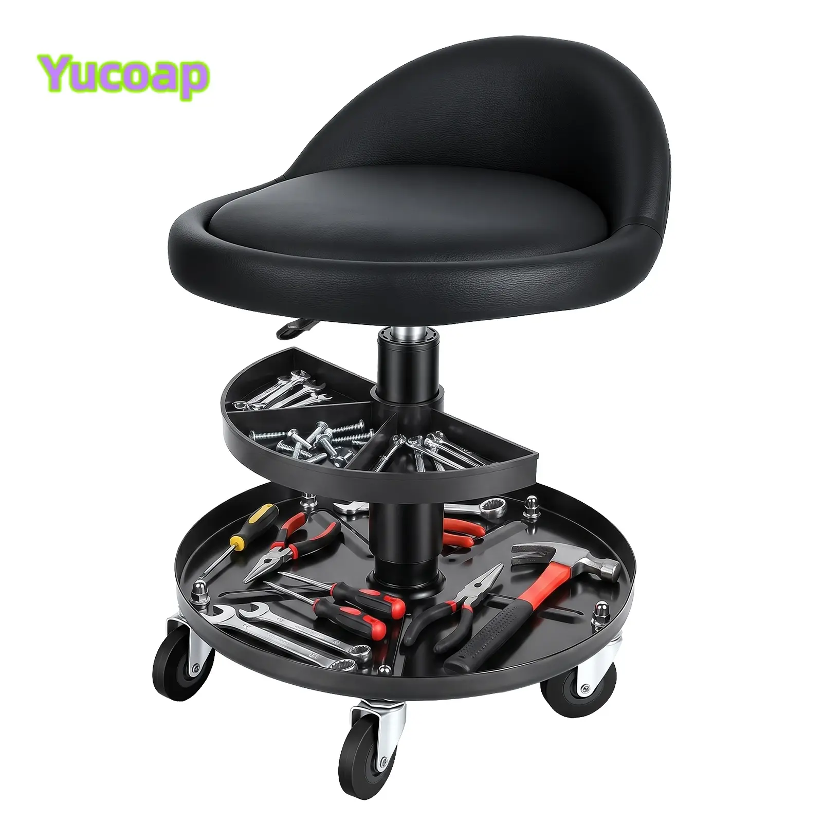 YUCOAP Rolling Garage Mechanic Stool, Height Adjustable Shop Seat with Storage Tray, Swivel Rolling Stool for Garage, Workshop, Salon and Spa