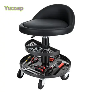 YUCOAP Rolling Garage Mechanic Stool, Height Adjustable Shop Seat with Storage Tray, Swivel Rolling Stool for Garage, Workshop, Salon and Spa
