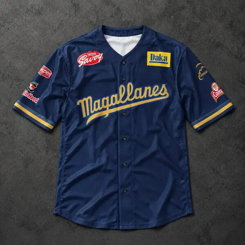 Magallanes Baseball Jersey Navy Blue with Yellow Accents and Sponsor Logos