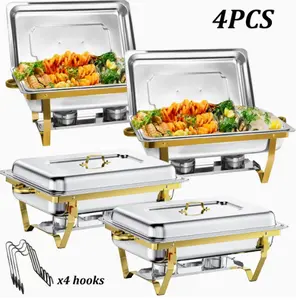 9QT 4 Set Golden Chafing Dish Buffet Set, Buffet Servers, And Warmers, Stainless Steel Chafers And Buffet Warmers with Full-Size Pans, Elegant Golden & Silvery Finish, Catering Equipment for Weddings, Parties, Banquets, Events, for Cooking