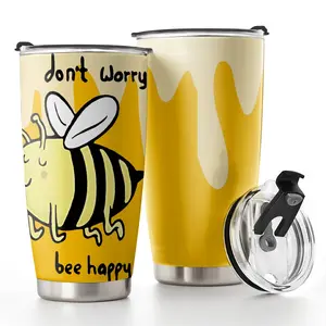 Yellow Bee Present, Donˈt Worry Be Happy - Stainless Steel Yellow Bee Reusable Tumbler Cup with Lid, Playful Bee Coffee Mug, Drinkware Tumbler for Graduation, Christmas, Birthday, Mother'S Day Gift 20Oz
