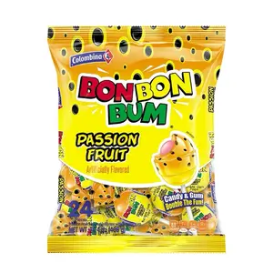 Colombina Bonbonbum Maracuya Passion Fruit Lollipops with Bubblegum Center Individually Wrapped 24 Count Pack Sour Sweet Candy for Easter Day Chewing Gum - Flavor