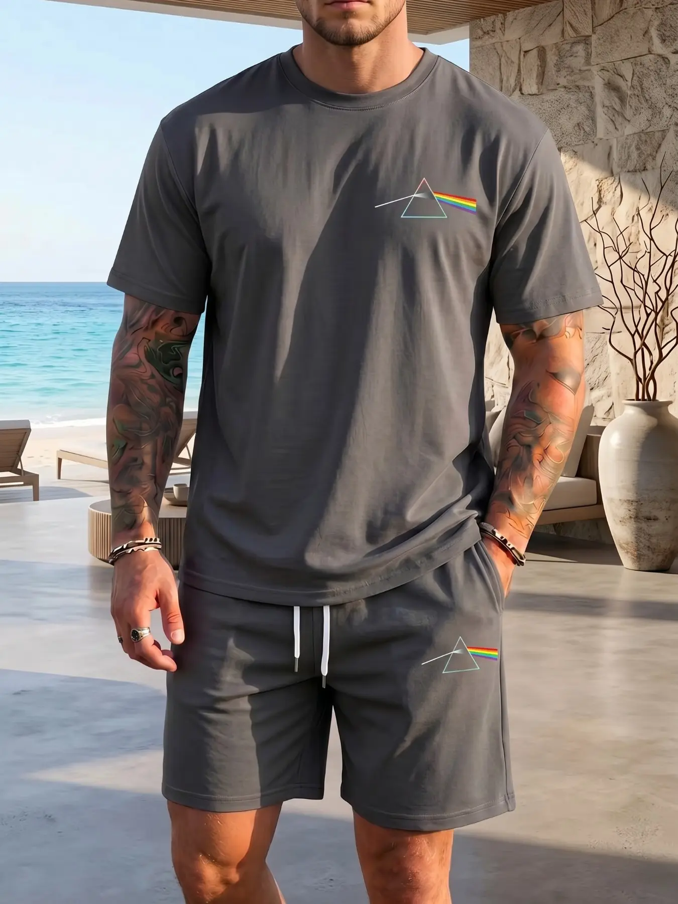 [Quick-drying and breathable] High-stretch rainbow gradient striped sportswear – gym and running training outfit – men’s summer casual set