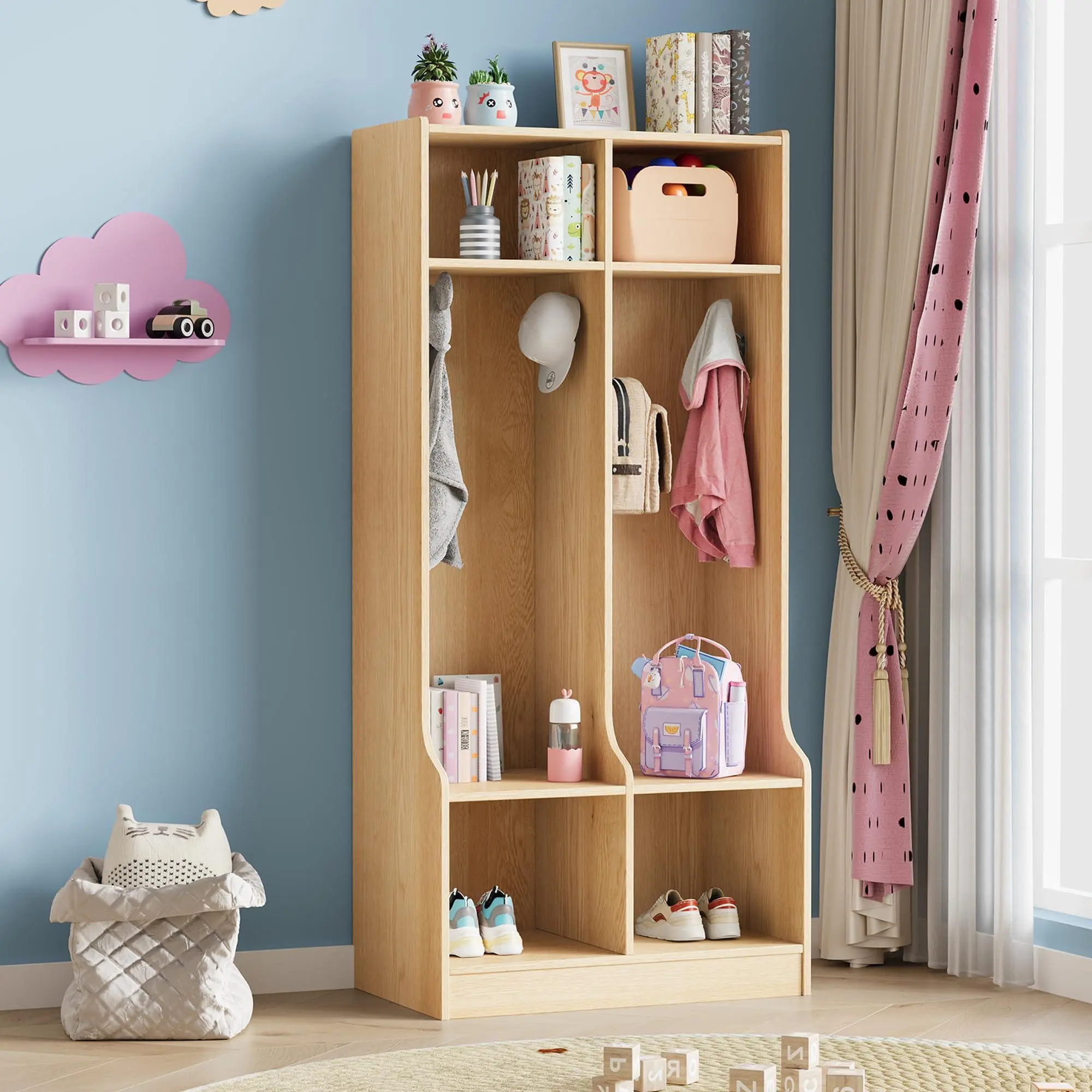 GAOMON 2-Section Classroom Coat Locker with 4 Cubbies, Daycare Cubby Storage Organizer with 4 Hooks for Home, School, Nursery, Kindergarten, Natural Wood
